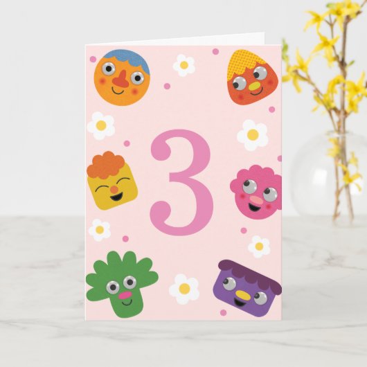 とっても簡単！ヌードル＆パルズのピンクの花の誕生日 カード (黄色い花)