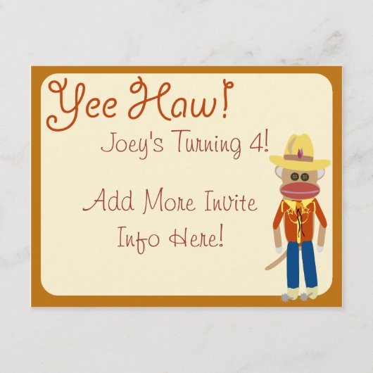 とてもかわいいカウボーイソックサル招待状 招待状 (正面)