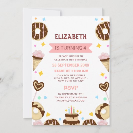 とてもかわいい甘いドーナツの子どもの誕生日 招待状 (正面)