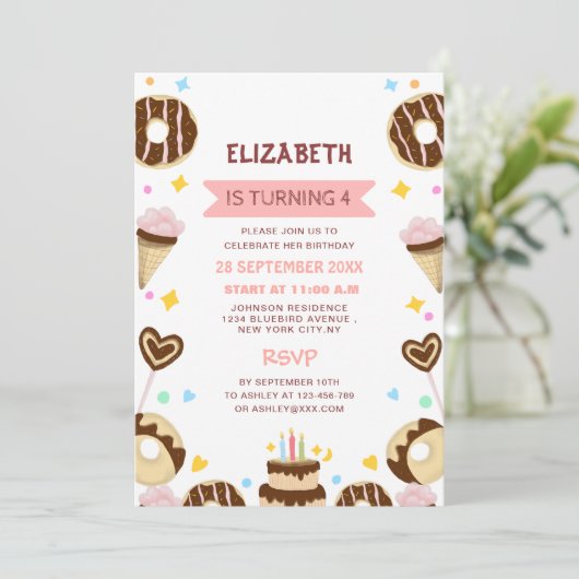 とてもかわいい甘いドーナツの子どもの誕生日 招待状 (スタンド正面)