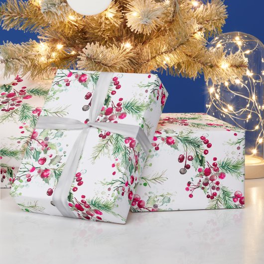とてもベリーなクリスマスホーリーの赤水彩 ラッピングペーパー (クリスマス)