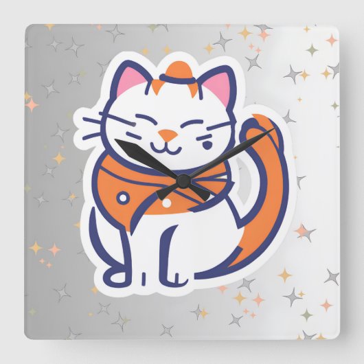 とても幸せな白とピンクのタキシード猫の壁時計 スクエア壁時計 (正面)