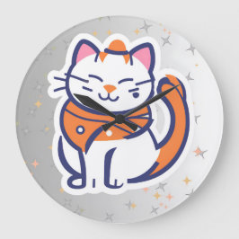 とても幸せな白とピンクのタキシード猫の壁時計 ラージ壁時計