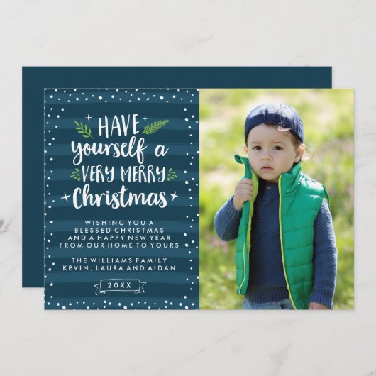 とても愉快なクリスマス | ネイビーストライプズの写真カード シーズンカード (正面/裏面)