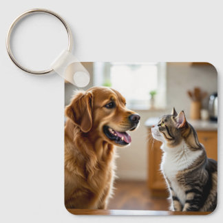 とても美しいデザインの猫と犬が描かれた キーホルダー