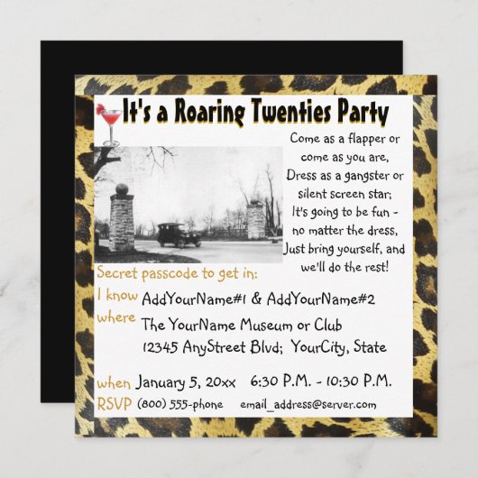 とどろく二十代のパーティーのフラッパーのヒョウ 招待状 (正面/裏面)