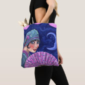 とどろく二十代のフラッパーの女の子ファンの月の星 トートバッグ (クローズアップ)