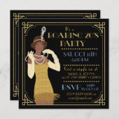 とどろく20年代のアフリカ系アメリカ人のフラッパーの金ゴールド及び黒 招待状 (正面/裏面)