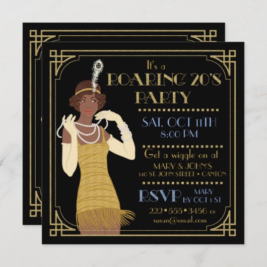 とどろく20年代のアフリカ系アメリカ人のフラッパーの金ゴールド及び黒 招待状 (正面/裏面)