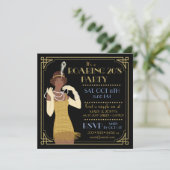 とどろく20年代のアフリカ系アメリカ人のフラッパーの金ゴールド及び黒 招待状 (スタンド正面)