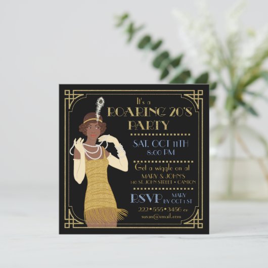 とどろく20年代のアフリカ系アメリカ人のフラッパーの金ゴールド及び黒 招待状 (スタンド正面)
