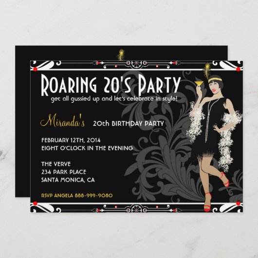 とどろく20年代のフラッパーの女の子のレトロの招待状 招待状 (正面/裏面)