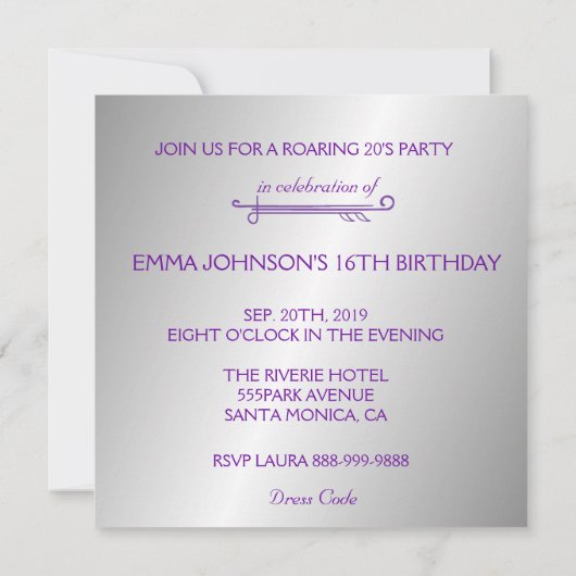 とどろく20年代のフラッパーの女の子のレトロの菓子の第16パーティー 招待状 (裏面)