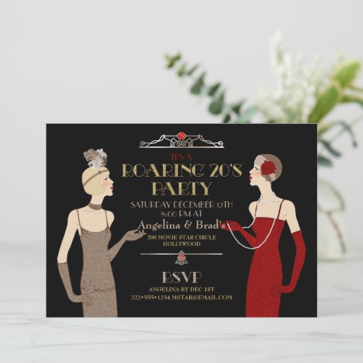 とどろく20年代のフラッパーの金ゴールドのグリッターの赤く黒いレトロ 招待状 (スタンド正面)