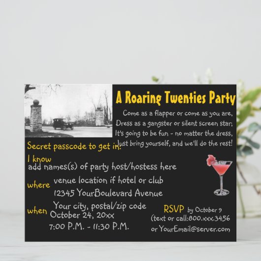 とどろく20年代のProhibitionThemeのパーティーの黒 招待状 (スタンド正面)