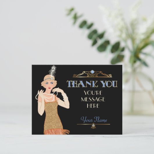 とどろく20sフリンジの服の羽のフラッパーは感謝していしています サンキューカード (スタンド正面)