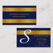 とはっきりしたブルーエレガント金ゴールドストライプのメイクアップアーティスト 名刺 (正面/裏面)