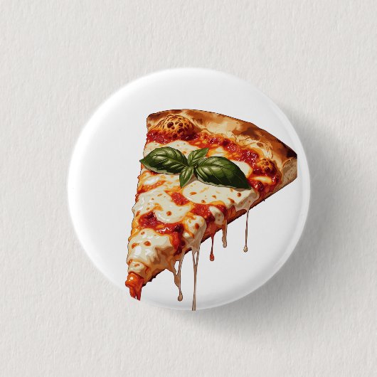 とろけるチーズが伸びるマルゲリータピザのスライス 缶バッジ (正面)