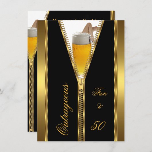 とんでもないおもしろい&ジッパー金ゴールドビアドリンク50 招待状 (正面/裏面)