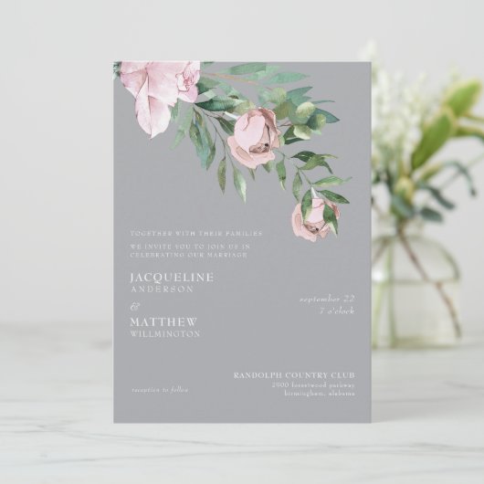とエレガント一緒にピンクのバラとグレー結婚色 招待状 (スタンド正面)