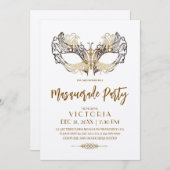 とエレガント金ゴールドモダンマスカレードパーティー誕生日 招待状 (正面/裏面)