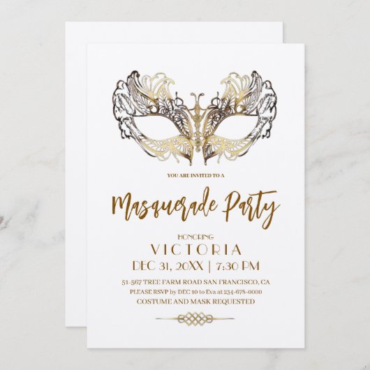 とエレガント金ゴールドモダンマスカレードパーティー誕生日 招待状 (正面/裏面)