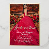 とエレガント金ゴールドモダン写真キンセアニェラ 箔招待状 (正面)