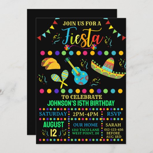 とカラフルおもしろいメキシカンフィエスタ誕生日 招待状 (正面/裏面)