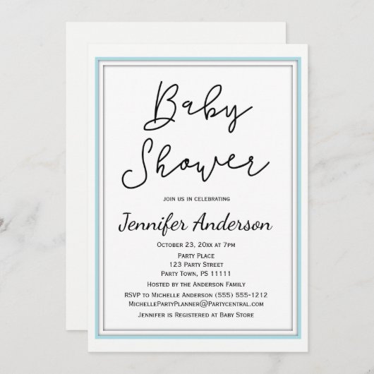 とクシンプルリーンな青白い黒のベビーシャワー 招待状 (正面/裏面)