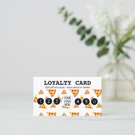 とクールおもしろいピザのスライスのパターンあなたのロゴ白 ロイヤリティカード (スタンド正面)