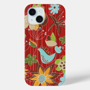 とシックお洒落フローラガーデンオンレッドストライプズ iPhone 15ケース