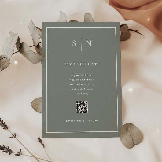 とシックミニマルセージグリーンQRコード日付を保存 マグネット招待状