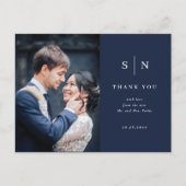 とシックミニマルネイビーブルー写真の結婚ありがとう ポストカード (正面)
