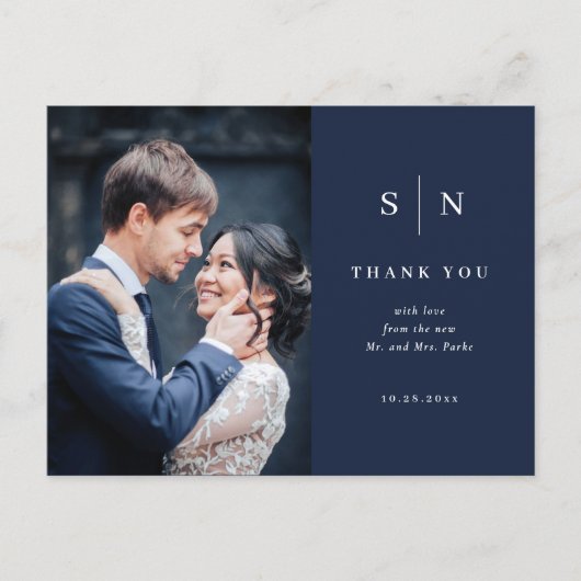 とシックミニマルネイビーブルー写真の結婚ありがとう ポストカード (正面)