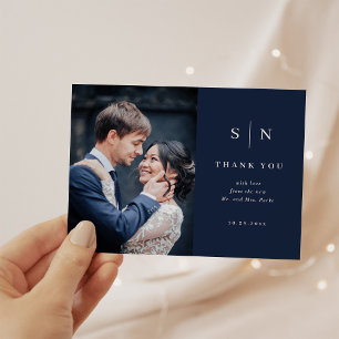 とシックミニマルネイビーブルー写真の結婚ありがとう ポストカード