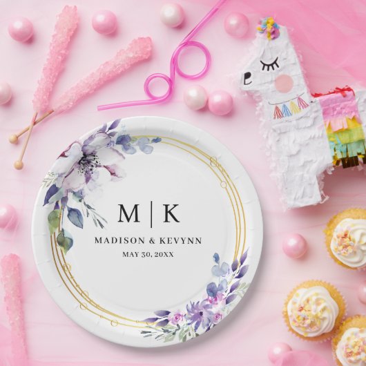 とシックミニマルパープル金ゴールドフローラ | ウェディング ペーパープレート (パーティー)