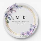 とシックミニマルパープル金ゴールドフローラ | ウェディング ペーパープレート (正面)
