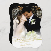とスタイリッシュスクリプエレガントトの写真シンプルの結婚 サンキューカード (正面/裏面)