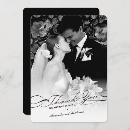 とスタイリッシュスクリプエレガントトの写真シンプルの結婚 サンキューカード (正面/裏面)