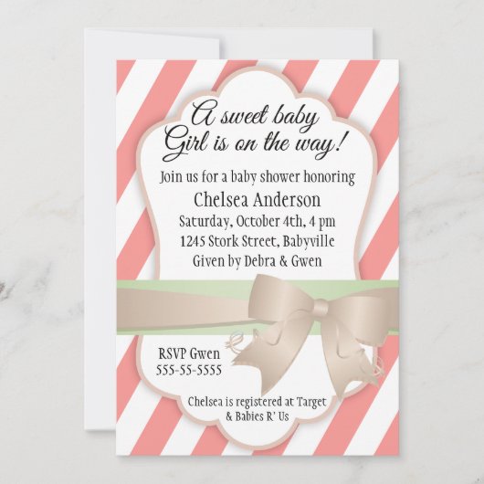 とストライプ弓の甘い赤ちゃん女の子シャワー 招待状 (正面)