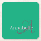 とミニマルシンプルGreen Monogramと名前 スクエアペーパーコースター (正面)