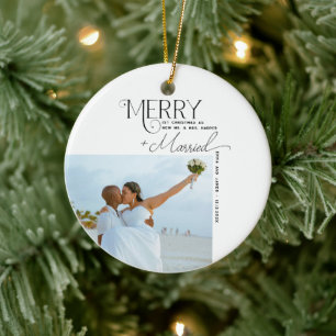 とメリースクリプ結婚したト写真クリスマスの新婚 セラミックオーナメント