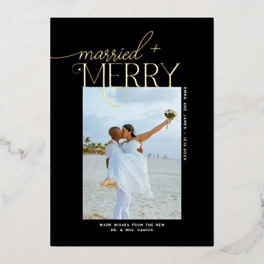 とメリースクリプ結婚したト写真クリスマスの新婚 箔シーズンカード (正面)