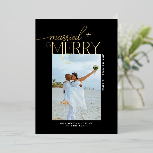 とメリースクリプ結婚したト写真クリスマスの新婚 箔シーズンカード (立ち正面)