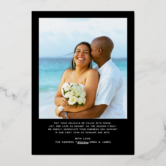 とメリースクリプ結婚したト写真クリスマスの新婚 箔シーズンカード (裏面)