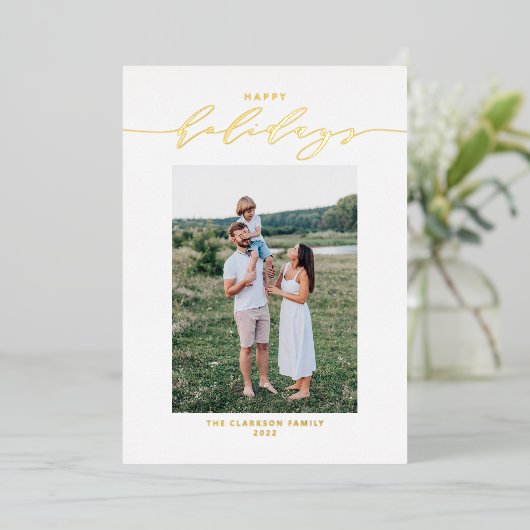 とモダンスクリプエレガントトHappy Holidays写真 箔シーズンカード (立ち正面)