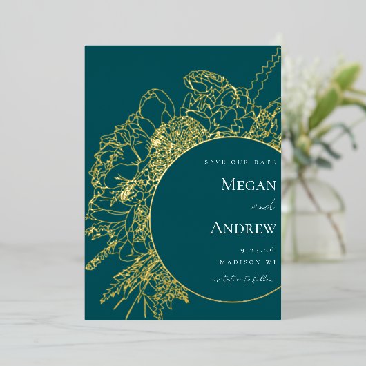 とモダンフローラエレガントが日付を保存 箔招待状 (立ち正面)