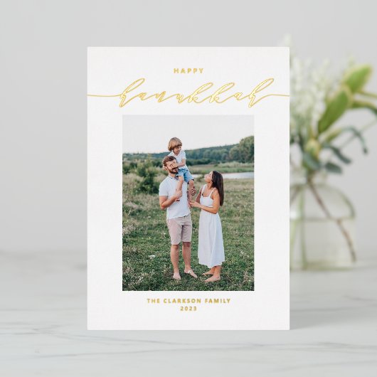 とモダンScript Happy Hanukkahの写真 箔シーズンカード (立ち正面)