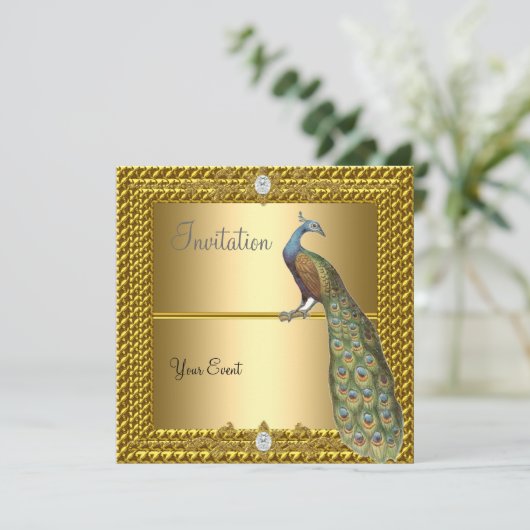 とユニーク金ゴールドエレガントとピーコック招待状 招待状 (スタンド正面)