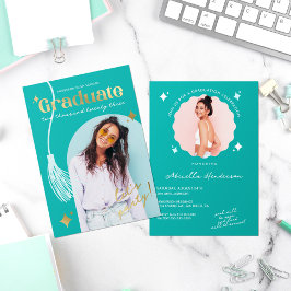 とレトロモダンティール（緑がかった色）スパークル卒業フォイルInvi 箔招待状